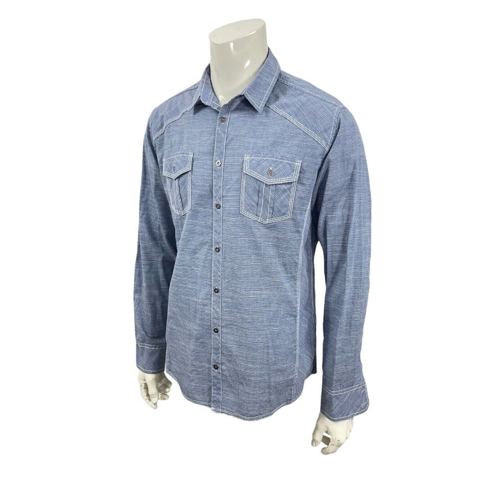 BKE Athletic Fit Blue White Striped Metal Button Down Shirt Mens Large